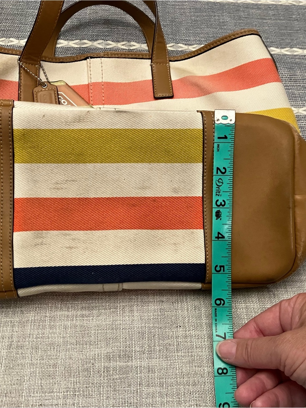 Coach Hadley Striped Canvas Tote with tan leather and signature hangtags - USED - Picture 10 of 14